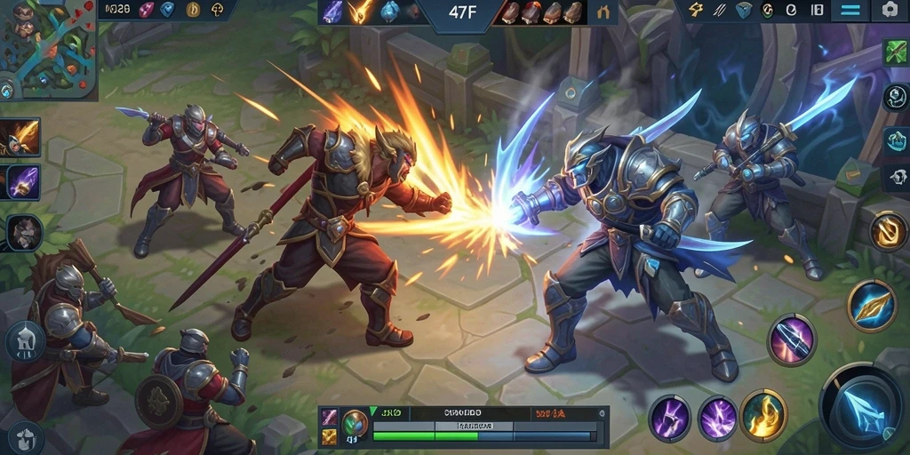 Screenshot gameplay 47F menunjukkan pertarungan tim yang intens di arena.