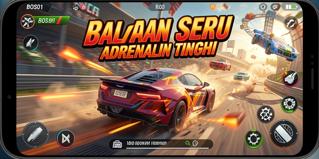 Tampilan gameplay balapan seru dalam BOS01 dengan mobil yang melaju kencang.
