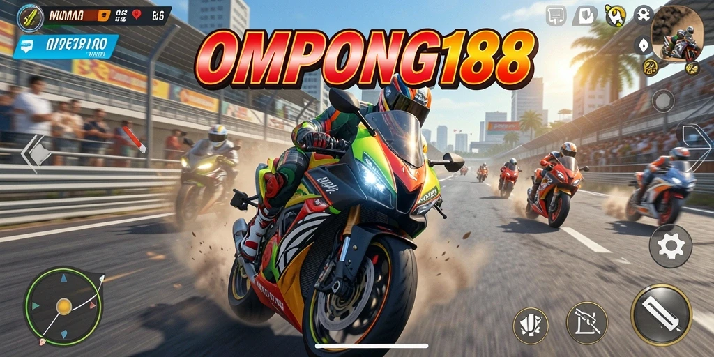Tampilan gameplay seru dari OMPONG188 saat balapan motor.