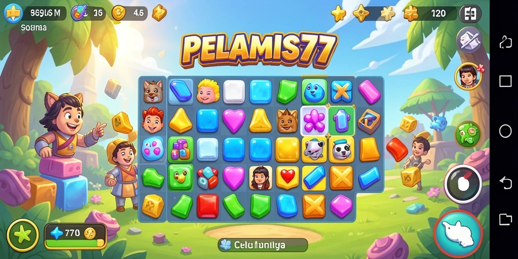Screenshot gameplay PELAMIS77 dengan elemen Match-3 mencolok.